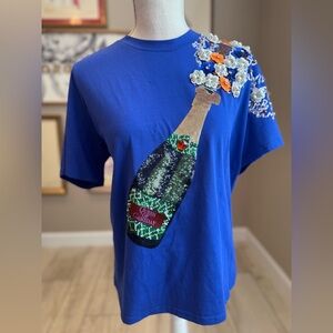 New! QUEEN OF SPARKLES Blue and Orange Sequin Popping Champagne Bottles Tee